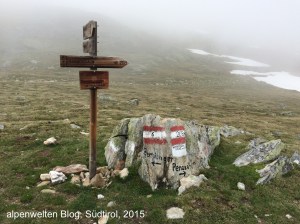 Wegweiser am Niederjöchl mit Abzweigung zur Penauderalm (20B), Vinschgau, Südtirol