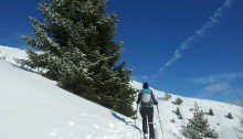 Bei blauem Himmel und etwas Neuschnee geht es auf den Inneren Lockenkopf (2768 m) im Rojental, Vinschgau, Südtirol.