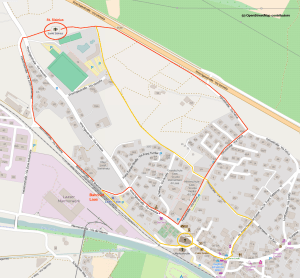 Karte Laas mit Weg vom Bahnhof zur St. Sisinius Kirche, Quelle: https://www.openstreetmap.org