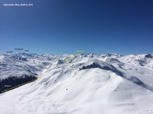 Panorama vom Äußeren Nocken nach Süden mit Route auf den Grionkopf im Rojental, Vinschgau, Südtirol