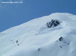 Die in optimal pulvrigem Firn verspurten Abfahrtshänge, Grionkopf, Südtirol